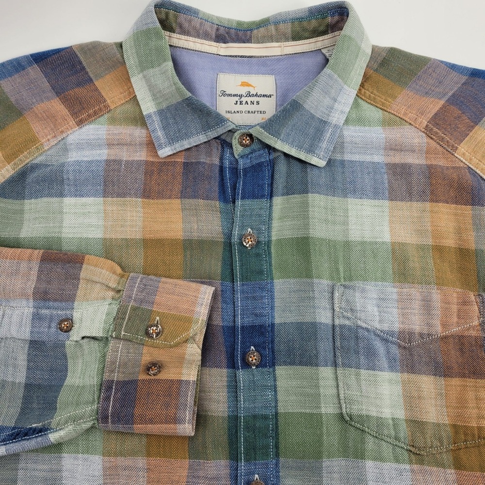 Tommy Bahama Jeans Mens XL Plaid Cotton Button Down Shirt Green Blue Orange